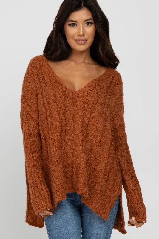 Weekend-Only Price Drops Camel V-Neck Side Slit Cable Knit Sweater