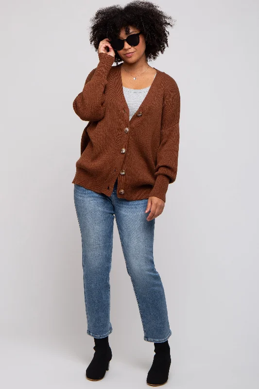 Hot Buy Dark Rust Basic Ribbed Cardigan Sweater