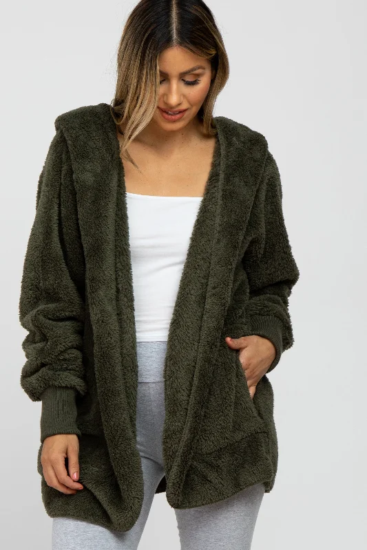 Steals and Deals Olive Fuzzy Hooded Long Sleeve Maternity Jacket