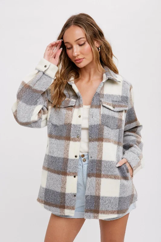 Shop the Weekend Away Grey Plaid Fleece Shirt Jacket