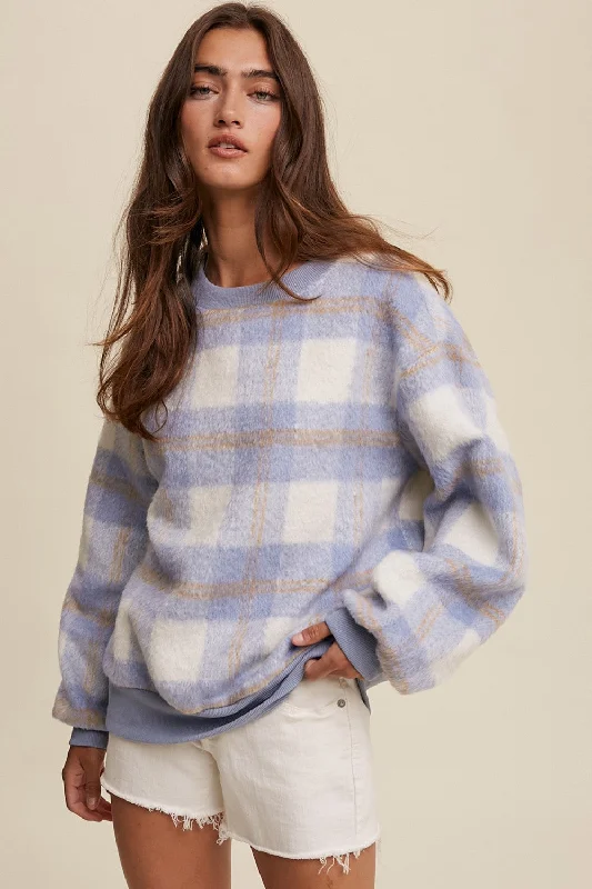 Year-End Clearance Light Blue Plaid Fuzzy Knit Pullover Sweater
