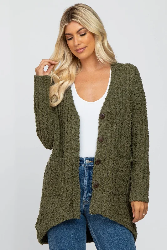Weekend Discounts to Relish Olive Popcorn Knit Hi-Low Cardigan