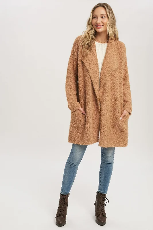 Savings Soar This Weekend Camel Fuzzy Knit Draped Cardigan