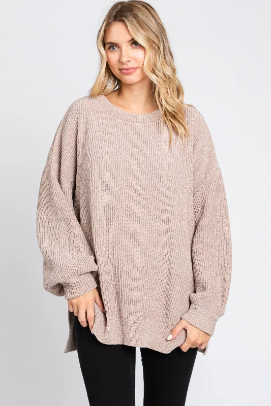 Weekend Savings Spectacle Beige Chenille Knit Balloon Sleeve Sweater
