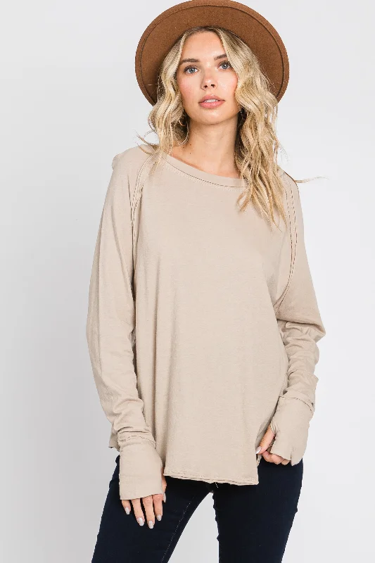 Weekend Discounts to Enjoy Taupe Exposed Seam Long Sleeve Top