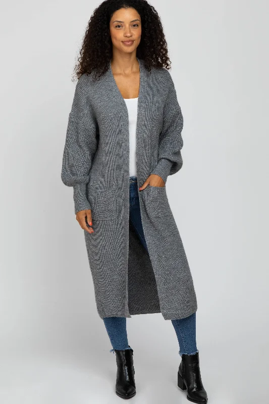 Weekend Specials to Celebrate Heather Grey Bubble Sleeve Long Cardigan