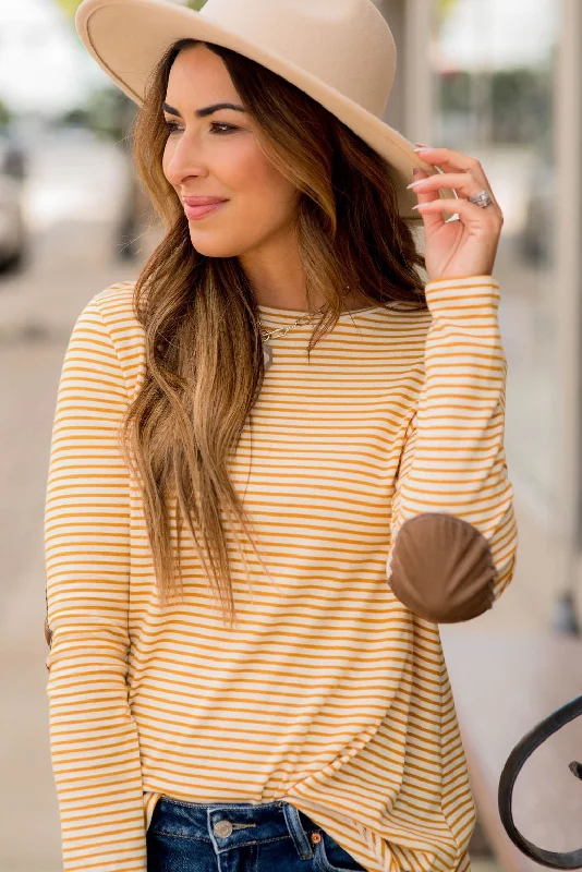 Weekend Shopping Extravaganza Striped Elbow Patch Long Sleeve Tee