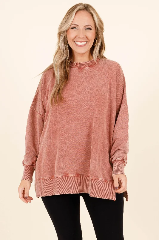 Now or Never Cozy Crewneck Pullover, Rust