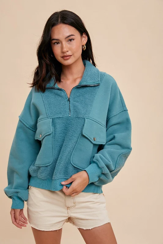 Weekend Offers You Can't Ignore Teal Contrast Reversed Fleece 1/4 Zip Pullover