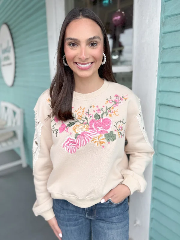 Weekend Special The Ryland Embroidered Lace Sleeve Sweater-Cream