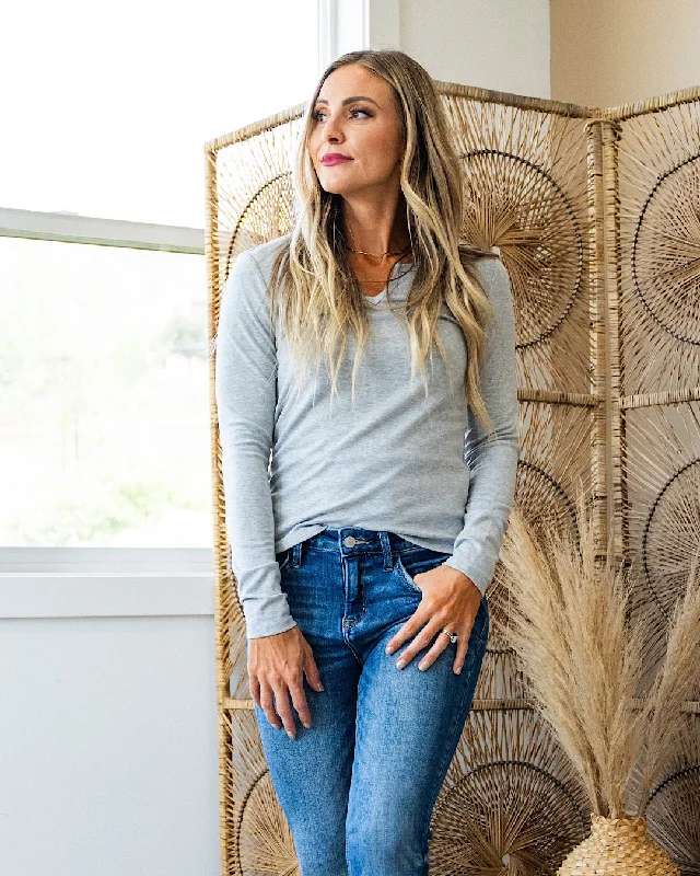 Quick Sale Dani Notched Neck Long Sleeve Top - Heather Gray