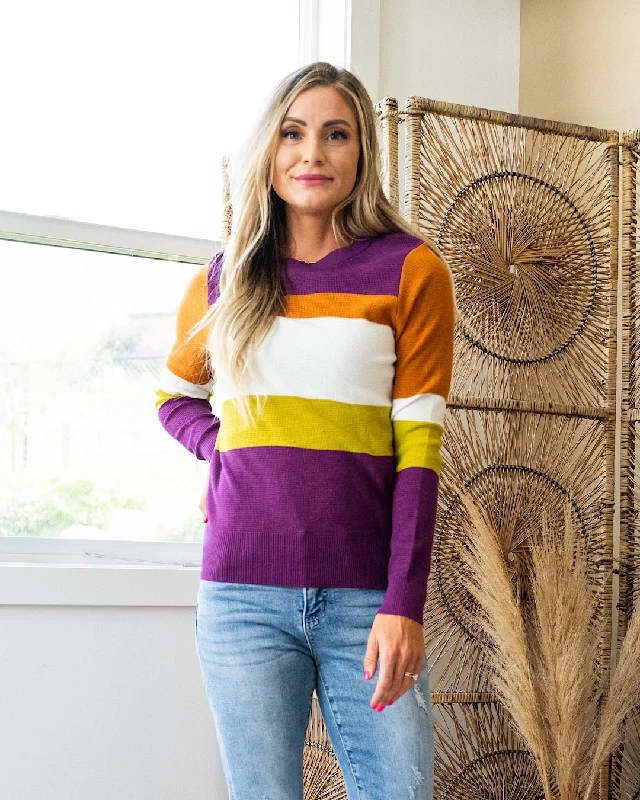 Weekend Discounts to Grab Tatiana Waffle Knit Striped Sweater - Plum, Copper & Chartreuse FINAL SALE