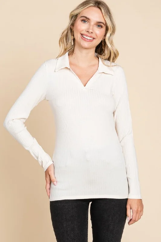 Weekend Extravaganza: Shop Now Cream Ribbed Collared Long Sleeve Top