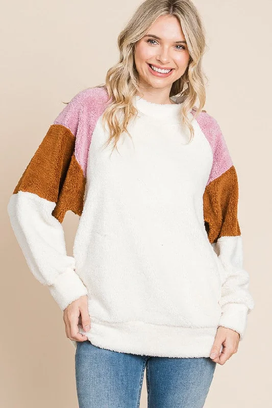 Time-Limited Offer Ivory Colorblock Soft Fleece Pullover Sweater