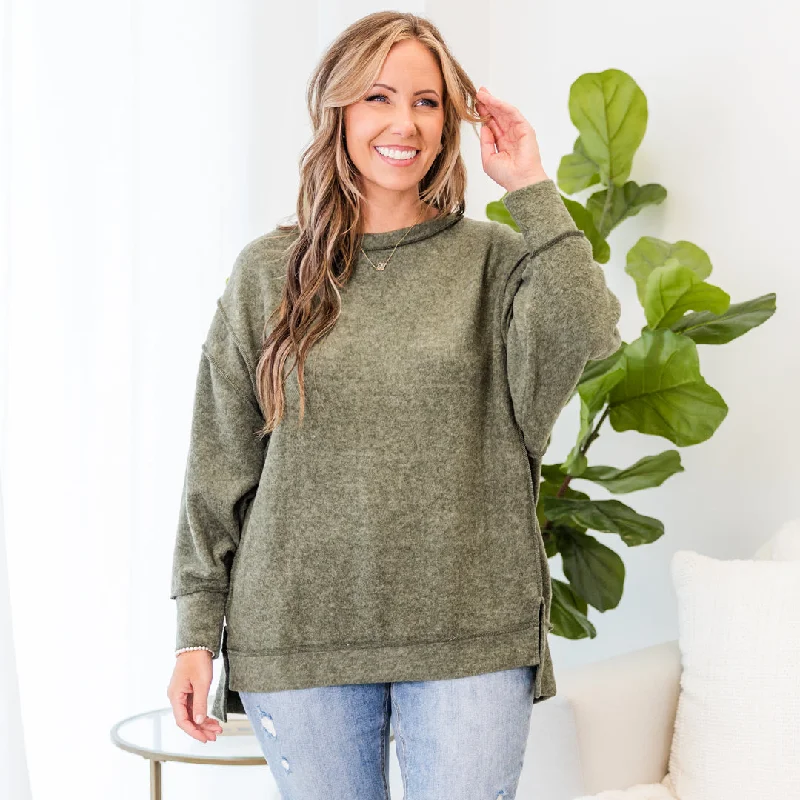 Weekend Bargains Await You Say Hello Sweater, Dark Olive