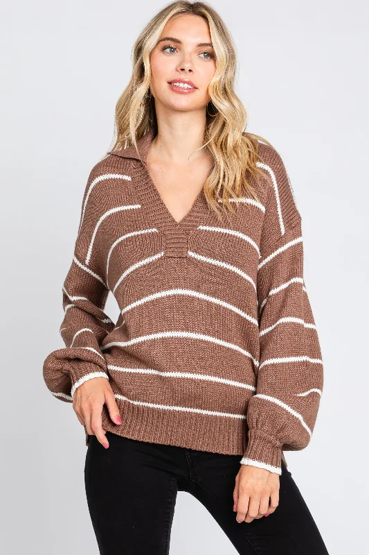 Weekend Sale: Don't Miss Out Brown Striped V-Neck Collared Sweater
