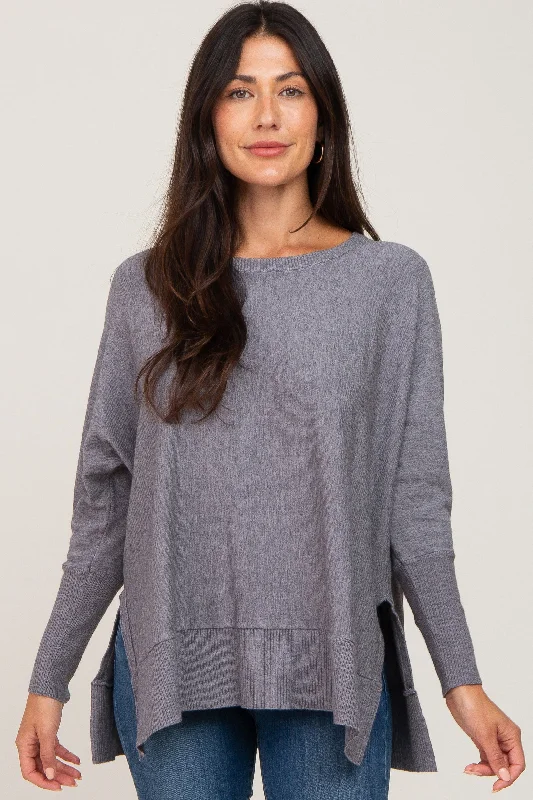 Act Fast Heather Grey Dolman Sleeve Side Slit Sweater
