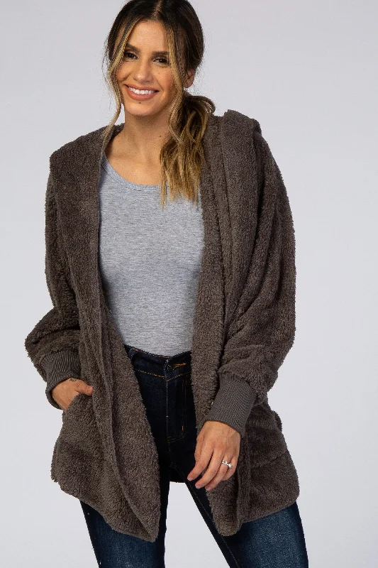 Weekend Savings Spectacle Charcoal Fuzzy Hooded Long Sleeve Jacket