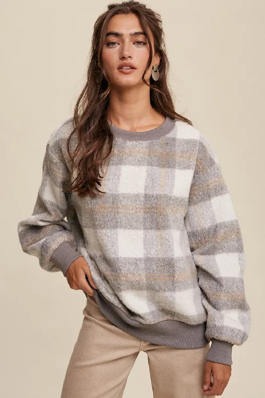 Weekend Shopping Bliss Grey Plaid Fuzzy Knit Pullover Sweater