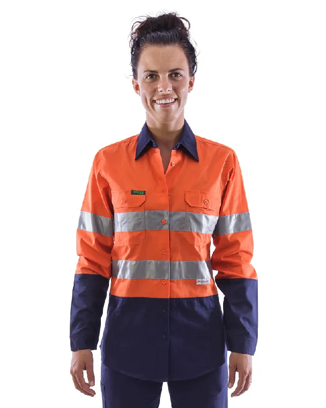 Weekend Deals to Make You Smile Womens L/S Hi Vis Lightweight Taped Cotton Shirt (3 Pack) - Orange/Navy
