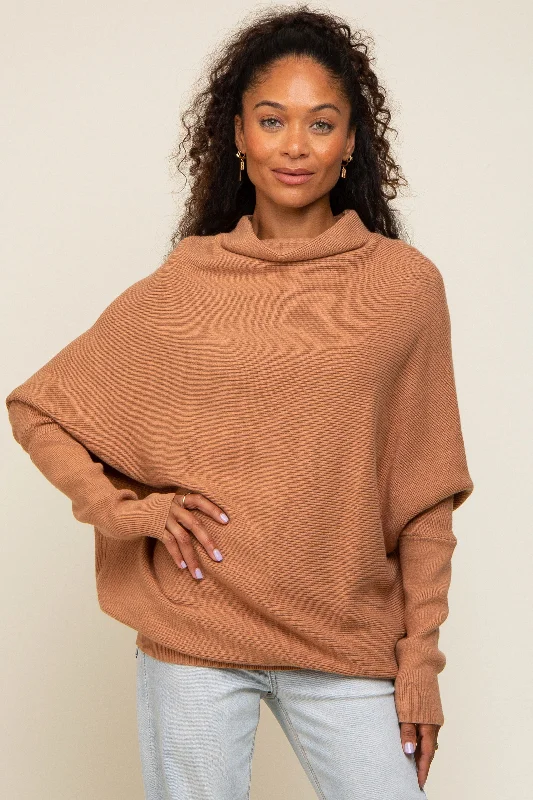 Stock Clearance Light Camel Funnel Neck Dolman Sleeve Sweater