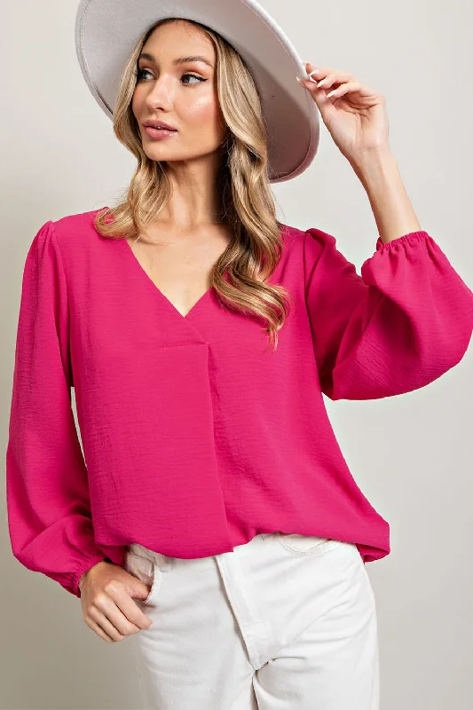 Steal Deal Fuchsia Long Puff Sleeve Blouse Top