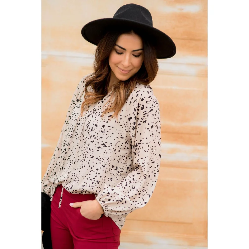 Weekend Offers That Please Spotted Tie V-Neck Blouse