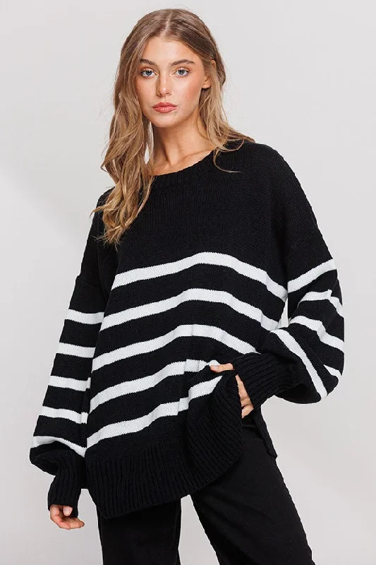 Unmissable Offer Black Striped Oversized Side Slit Sweater