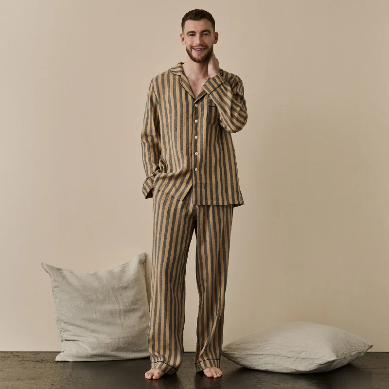 Take Action Men's Blue & Porcini Striped Linen Pajama Set