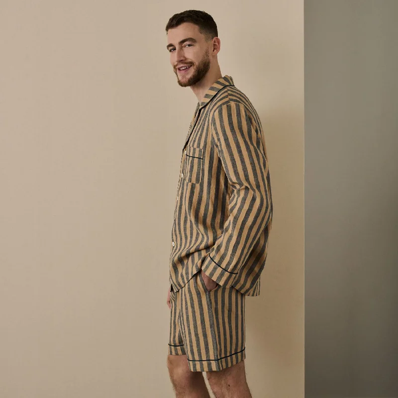 Savings Event Men's Blue & Porcini Striped Linen Pajama Short Set