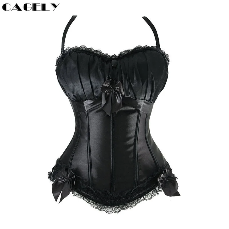 Classic Gothic Black Steampunk Corset Top Satin Dobby Lace Faux Leather Bustier Sexy Corselet Bodyshaper Clothing Plus Size