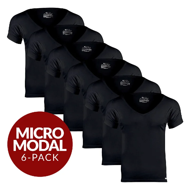 Deep V Micro Modal Sweat Proof Undershirt For Men - Black 6-Pack