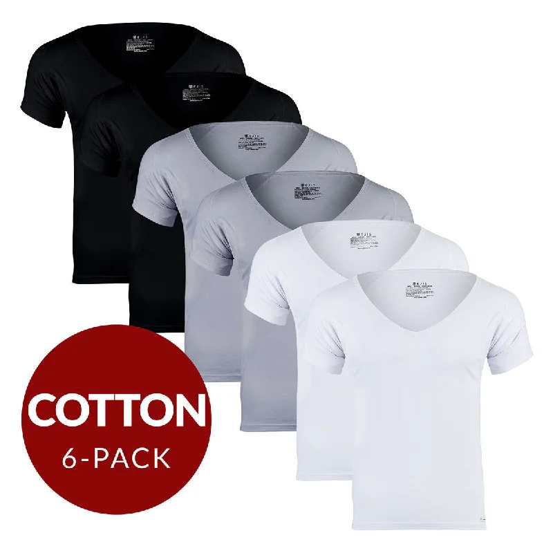 Deep V Cotton Sweat Proof Undershirt For Men - Mix 6-Pack (2x White, Black, Grey)