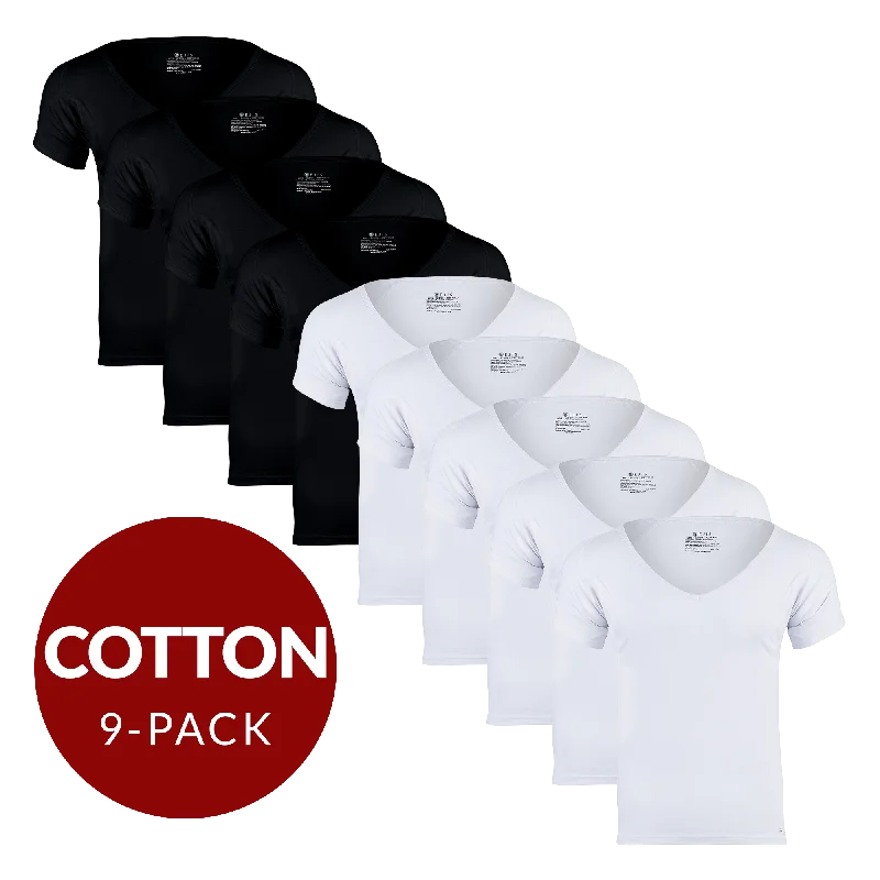 Deep V Cotton Sweat Proof Undershirt For Men - Mix 9-Pack (5x White, 4x Black)