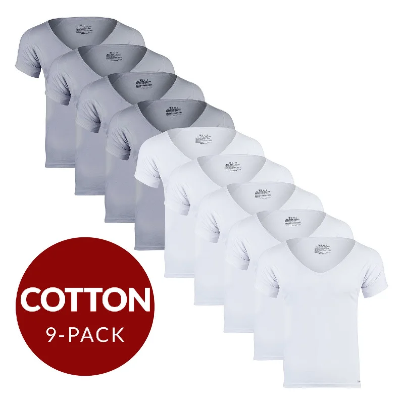 Deep V Cotton Sweat Proof Undershirt For Men - Mix 9-Pack (5x White, 4x Grey)