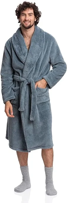 Shop and Save Denim-inspired Comfort: Men's Full-Length Sherpa Robe in Jeans - Winter Relaxation at its Finest