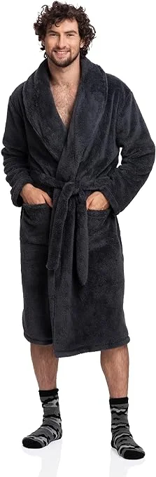 Markdown Sale Luxurious Comfort: Men's Full-Length Sherpa Robe in Gray - Ultimate Relaxation Meets Winter Warmth