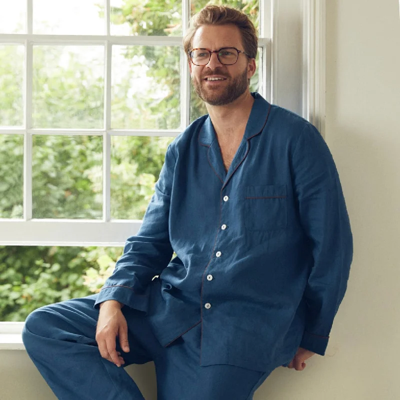 Mega Sale Men's Marine Blue Linen Pajama Set