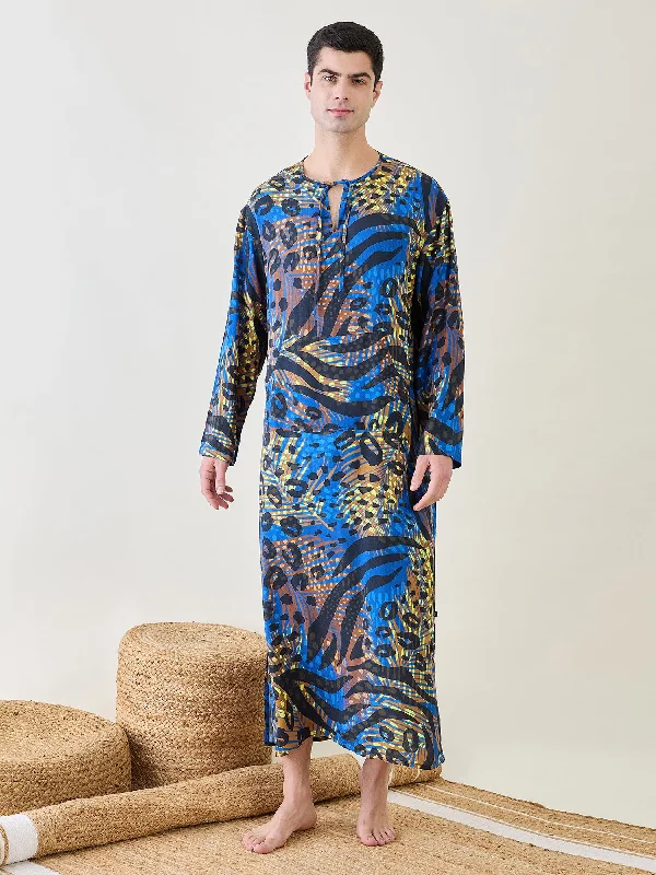Savings Galore Mens Animal Printed Blue Kaftan Robe