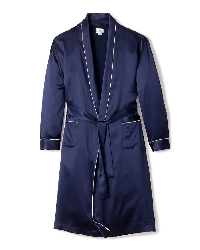 Quick Deals Men's Silk Long Robe in Navy