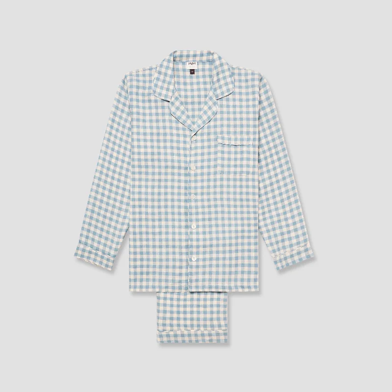 Flash Sale Men's Warm Blue Gingham Linen Pajama Pants Set
