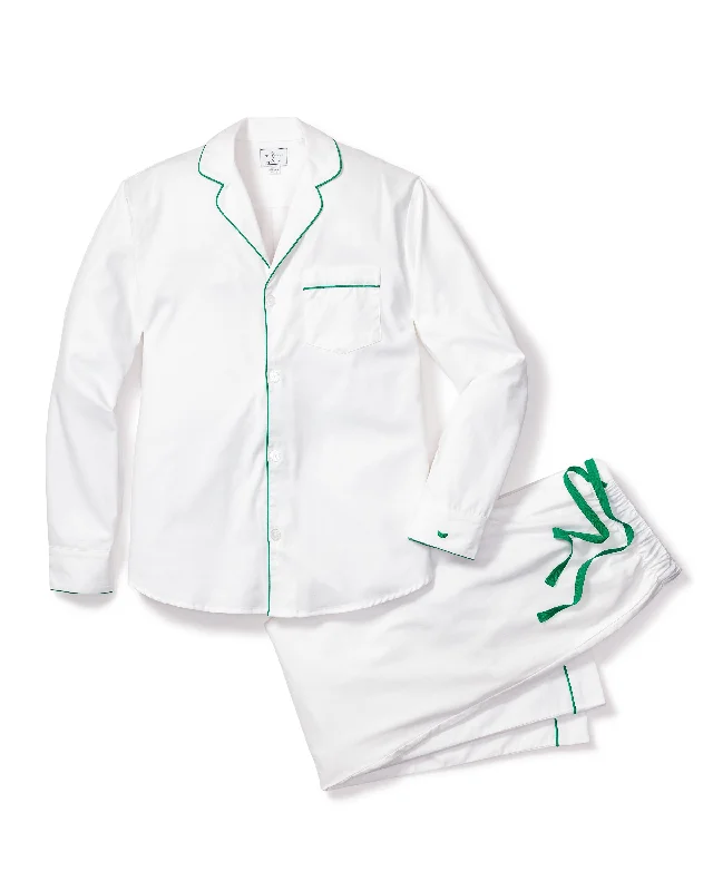 Midnight Sale Men's Twill Pajama Set in White with Green Piping