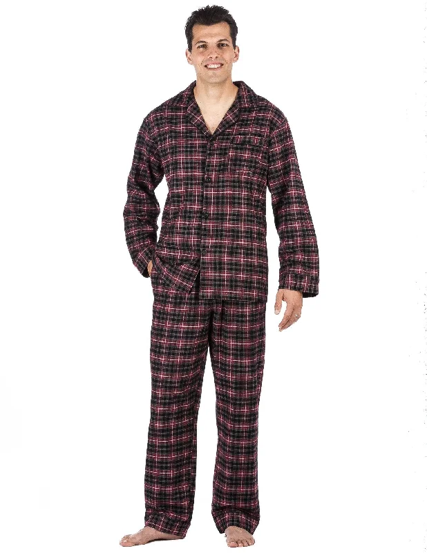 Time-Sensitive Relaxed Fit Men's Premium 100% Cotton Flannel Pajama Sleepwear Set - Burgundy/Grey Plaid