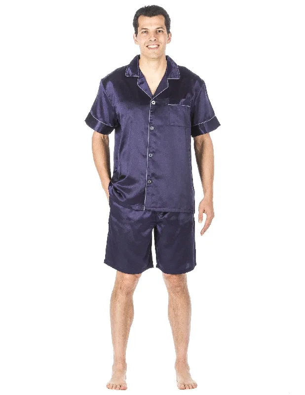 Unwind with Weekend Discounts Men's Premium Satin Short Pajama Set - Solid Dark Blue Unwind with Weekend Discounts Men's Premium Satin Short Pajama Set - Solid Dark Blue