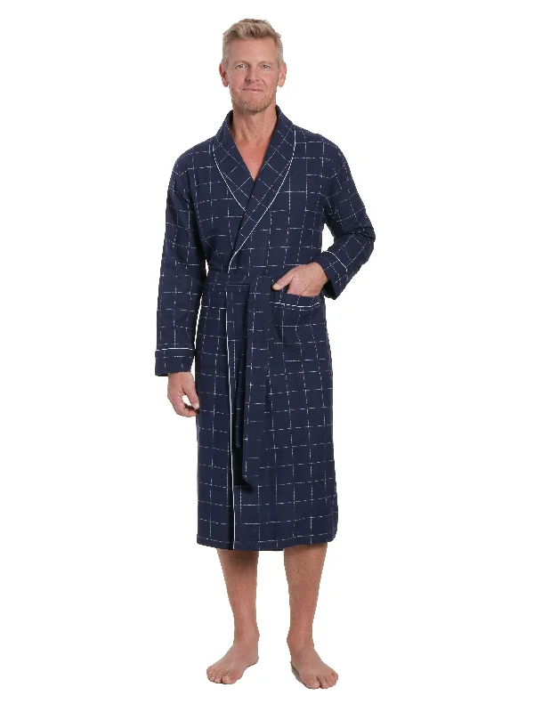 Midnight Sale Men's 100% Cotton Flannel Robe - Windowpane Checks - Navy