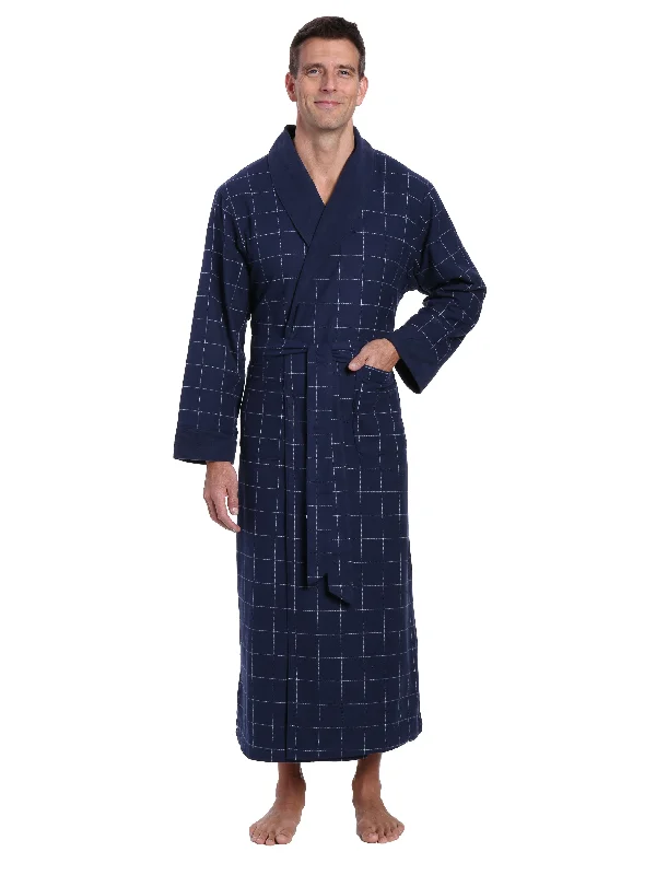 Flash Sale Mens Premium 100% Cotton Flannel Fleece Lined Robe - Windowpane Checks - Navy