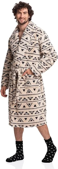 Value Deals Subtle Elegance: Men's Full-Length Sherpa Robe in Beige Print - Classic Comfort Meets Modern Design