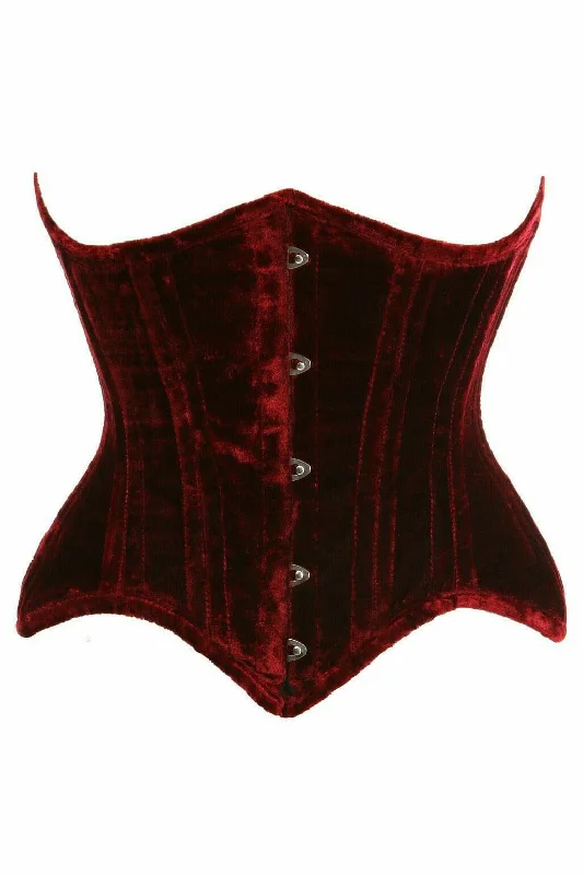 Top Drawer Dark Red Crushed Velvet Double Steel Boned Curvy Cut Waist Cincher Corset