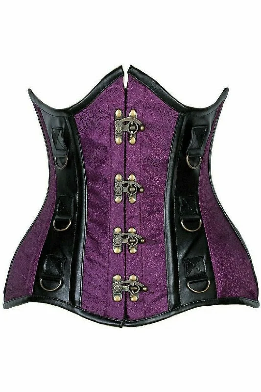 Top Drawer Plum Brocade & Faux Leather Steel Boned Under Bust Corset