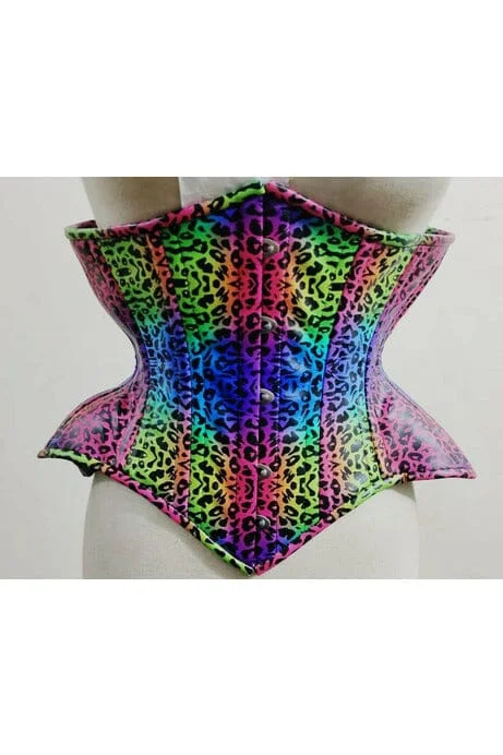 Top Drawer Rainbow Leopard Print Double Steel Boned Curvy Cut Underbust Cincher Corset